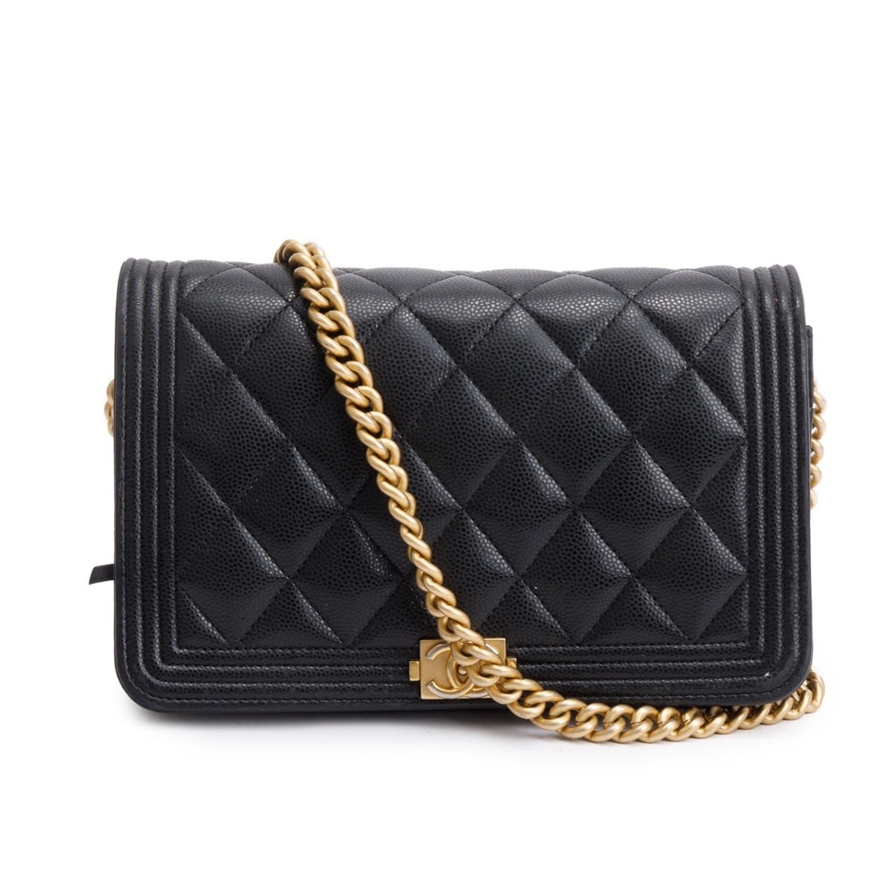 Chanel Black Caviar Leather Boy Wallet on Chain w/ Box
